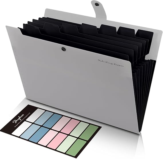 SKYDUE Document Folder A4 Folder with 8 Compartments A4 Expanding Folder with Labels Portable Organiser Folder System Document Folder for Home Office School and Travel (Grey)
