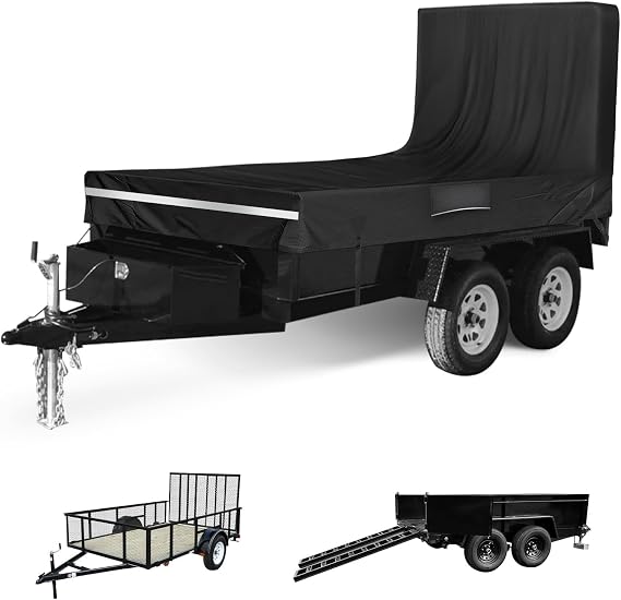 Utility Trailer Cover, 7x12 Trailer Cover with Rear Landscape/Ramp Gate 48 to 60 high, 600D Waterproof Windproof Heavy Duty Black Dump Trailer Cover, Fits 7 x 12 FT (W x L)