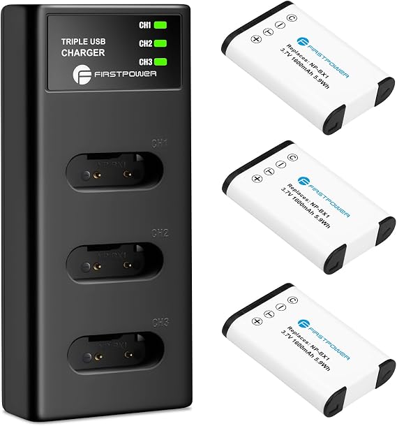 FirstPower NP-BX1/M8 X Type Battery and Triple Slot Charger for Sony ZV-1F | 3x 1600mAh, for Sony ZV1, ZV-1 II, ZV1F, Cyber-Shot DSC-HX80, HX90V, HX95, HX99, RX1, RX1R II, RX100 (II/III/IV/V/VA/VI/VII)