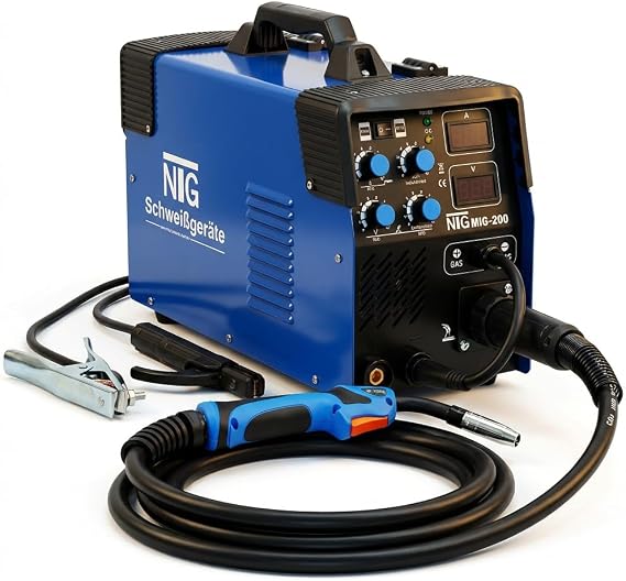 NTG Inverter Welding Machine MIG-200 - MAG Protective Gas and Cored Wire E-Hand Multifunktionsgerät mit Digitalanzeige - MMA FLUX Elektrode ohne Gas möglich - für Werkstatt Kfz und Anhängerbau