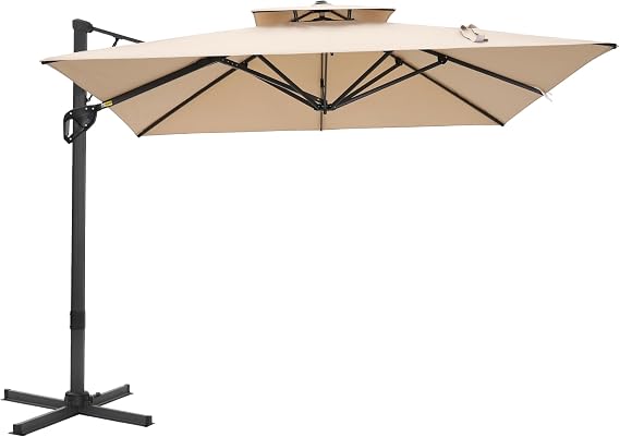 MFSTUDIO 10' x 13' Cantilever Patio Umbrella 360Rotation Outdoor Umbrella, Rectangular Large Double Top Aluminum Hydraulic Offset Umbrella with Cross Base for Pool Deck Backyard, Beige(No Weight)