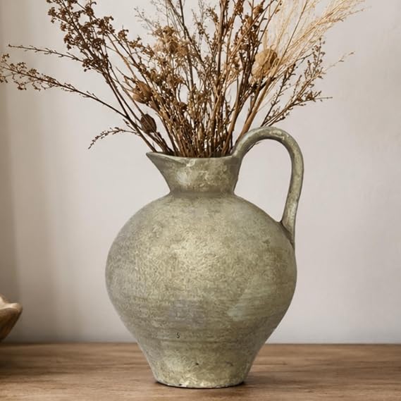 Rustic Ceramic Yellow Vase with Handle, Antique 8.9 Inches Terracotta Vase for Home Decor, Living Room, Entryway, Farmhouse, Wedding and Thanksgiving Gift