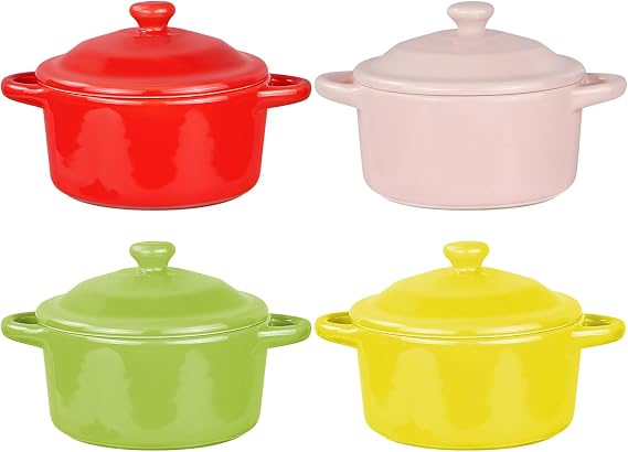 Set of 4 Small Casserole Dish with Lid,7 oz Ramekins Serving Dishes with Lids,Ceramic Bowl Soup Bowls,Creme Brulee Ramekins Oven Dish with Handles for Souffle,Quiche,Creme Brulee,Tarts,Pasta