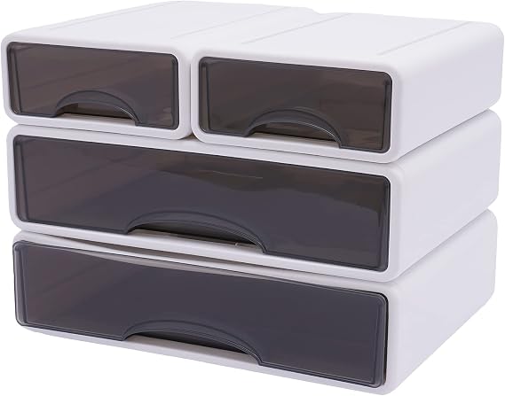 Stackable Desk Storage Box, Office Desk Organizer with 4 Storage Drawers, Paper Storage Organizer,3 Tier Plastic Storage Box for Home Collection, Cosmetics, Office Supplies(White)