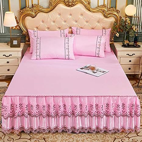 2 Layers Lace Ruffled Bed Sheet Set Pink Microfiber Bedspread Sheet and Pillow Shams Set, Full Size