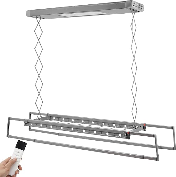 Electric Ceiling Drying Rack, Folding Ceiling Mounted Clothes Drying Rack, 110V Electric Retractable Airing Rack with Controller Control and LED Light, 77.16 lbs Capacity (Grey)