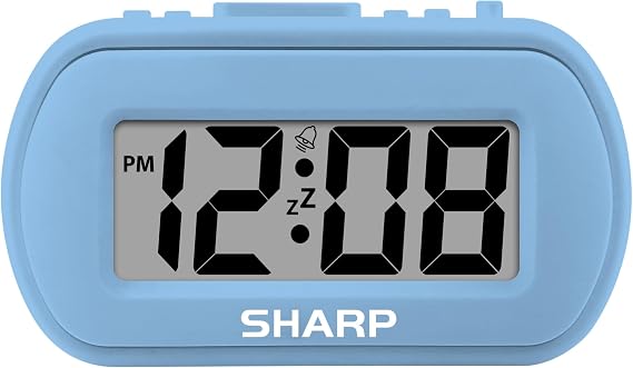 Sharp Battery Alarm Clock with Soft-Touch Case and Backlight, Light Blue