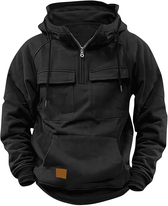 Mens Hooded Sweatshirts Pullover Casual Fashion Long Sleeve Tactical Cargo Hoodies Lightweight Multi Pocket Shirt