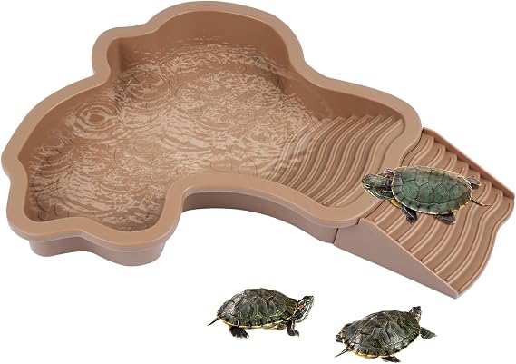 Large Reptile Bathing Pool, Tortoise Food Water Bowls with Ramp, Reptile Feeding Dish Water Bowl Bathing Pool Aquarium Ornament for Gecko, Snake, Turtle, Bearded Dragon, Lizard Bath