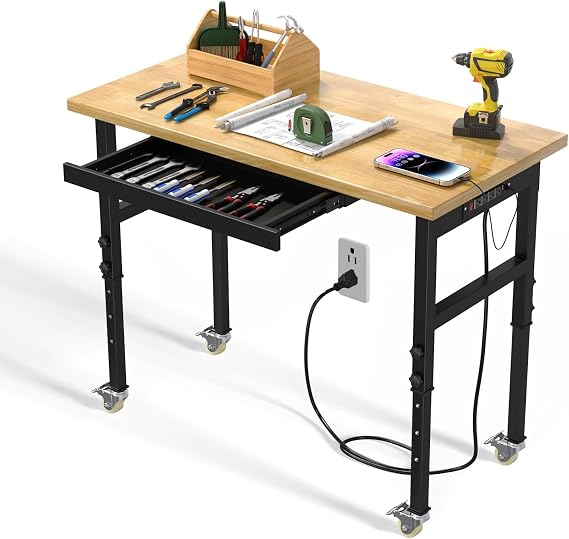 48" Adjustable Workbench with Drawers, 2000LBS Heavy Duty Work Bench with Wheels and Power Outlets, Rubber Wood Top Work Table for Garage Workshop Office Home