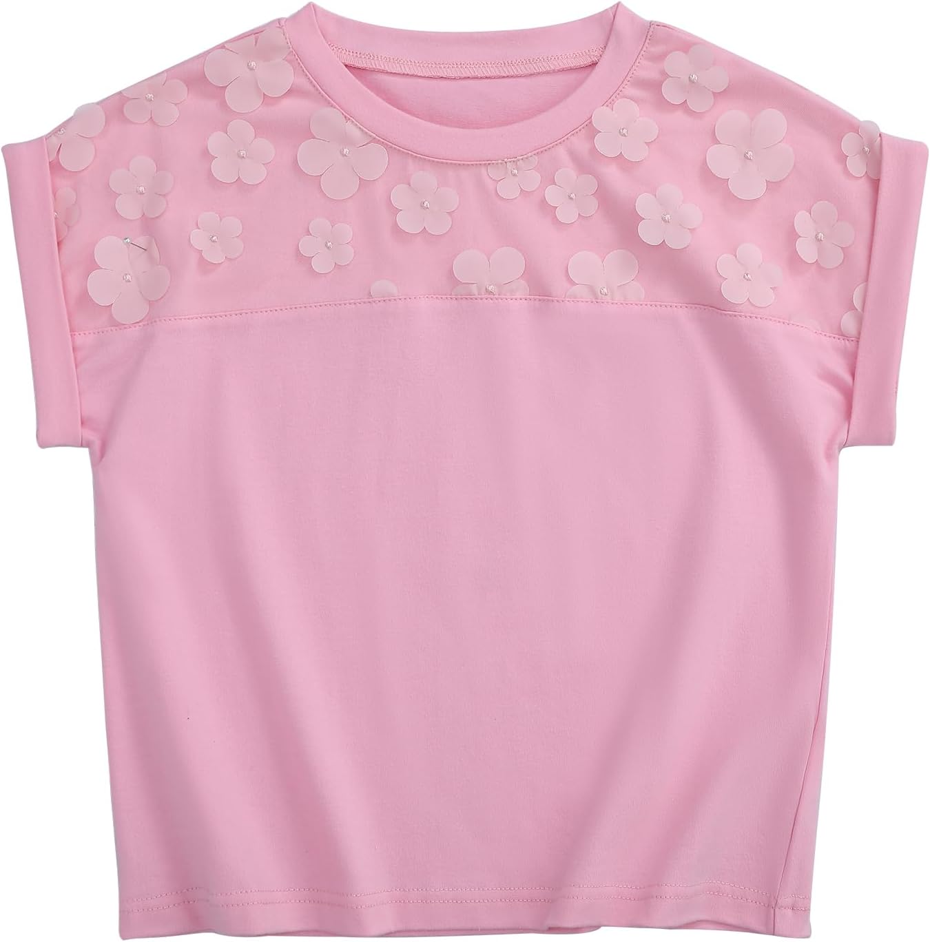 Girl Short Sleeve Shirt Summer Tunic Top Crew Neck Roll Up Cuff Fashion T-Shirt Blouse 3-12Y