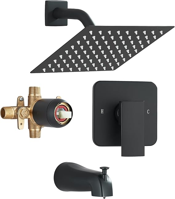 Matte Black 8" Square Rainfall Shower Faucet Set with Tub Spout