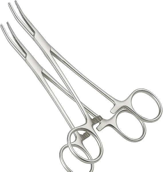5.5 Inch Forceps Stainless Steel Clamp - Straight Edge Precision Tool for Veterinary, and Hobby Use - Ideal for Grasping Small Objects and Tissue Handling (1, Curved Pack of 2)