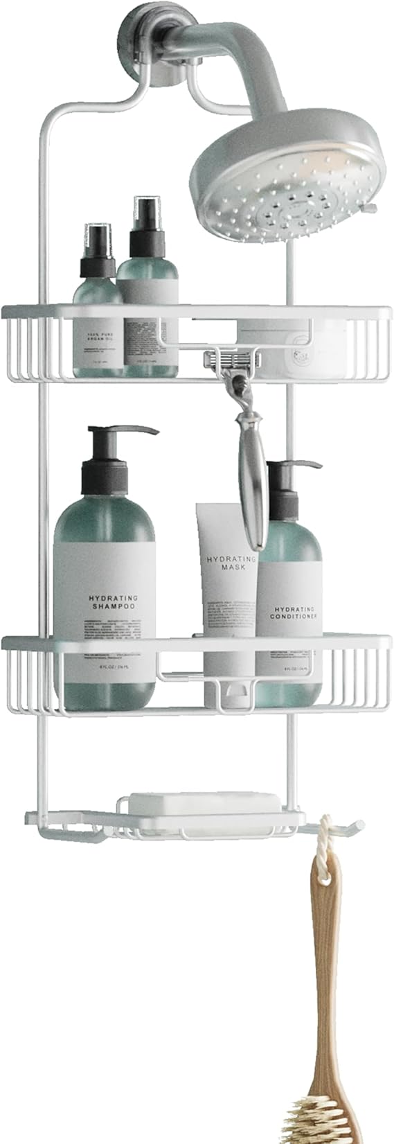 Zenna Home Hanging Shower Caddy with 2 Shelves, Soap Tray, Razor Holders and Hooks, Satin Chrome – Rustproof Shower Rack, No Drilling – Premium Over Shower Head Organizer, and Bathroom Shower Racks