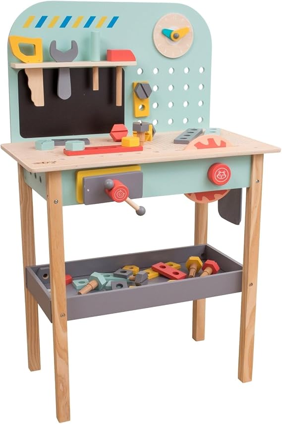 Owl & Fox Wooden Workbench, Pretend and Play Tool Workshop, with Saw, Spanner, Hammer, Screws and Accessories, Role Play for Kids 3+, Sustainable, Traditional & Stylish, 54.5 x 32 x 85 cm (h)