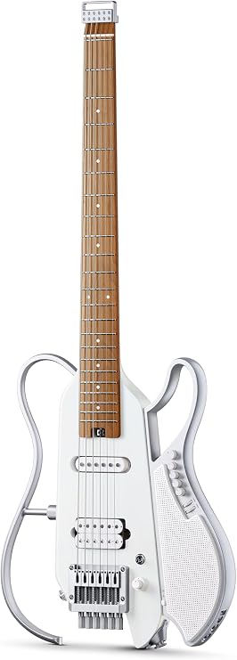 DONNER HUSH X LIVE Electric Guitar with Detachable Speaker, Headless Travel Guitar Built-in Amp Modeling & Effects, Bluetooth Practice Guitar Kit with Gig Bag, White