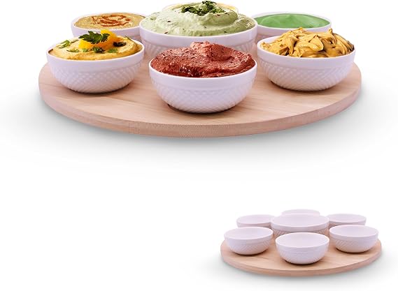 Elbee Home Rotating Serving Tray, Lazy Susan with 7 Ceramic Bowls, 12 Inch