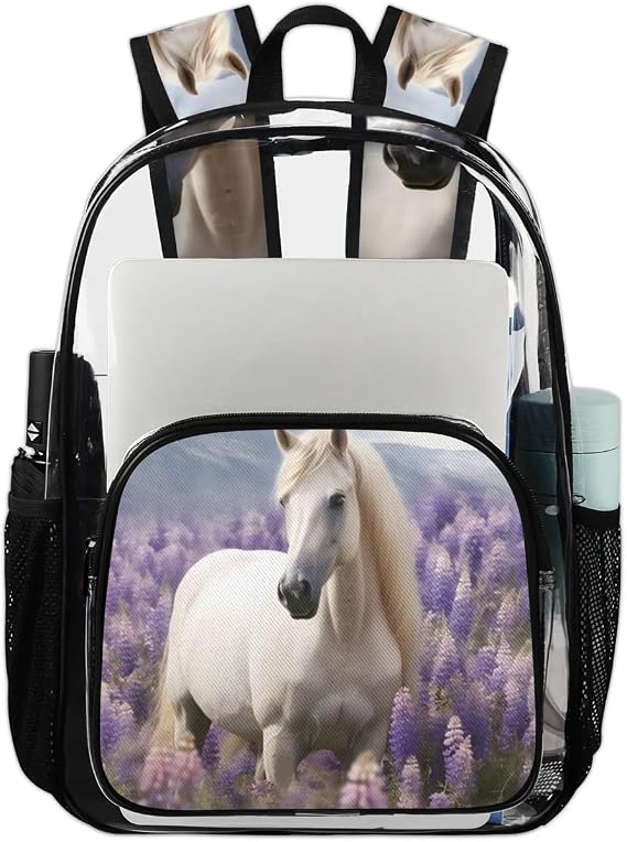 Clear Backpack Horse Lavender PVC Transparent Backpack for Women Men Clear Bag for Stadium Events Concert Festival Work Sport
