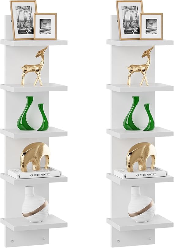 IBUYKE 5-Tier Modern Wall-Mounted Shelf, White Vertical Shelf, Floating Storage, Organizer, Tall Tower Design, Decorative Wall Mount Shelving for Home, Bedroom, Living Room, Office Decor WBC009W-2