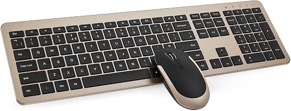 Wireless Keyboard and Mouse Set, seenda Ultra Slim Quiet USB Wireless Keyboard and Mouse Full Size QWERTY UK Layout with Numeric Keypad for Windows PC, Laptop, Computer, Black and Gold | Ultra Slim & Quiet, 2.4G USB Wireless, Full Size QWERTY UK with Numeric Keypad, for Windows PC, Laptop, Computer