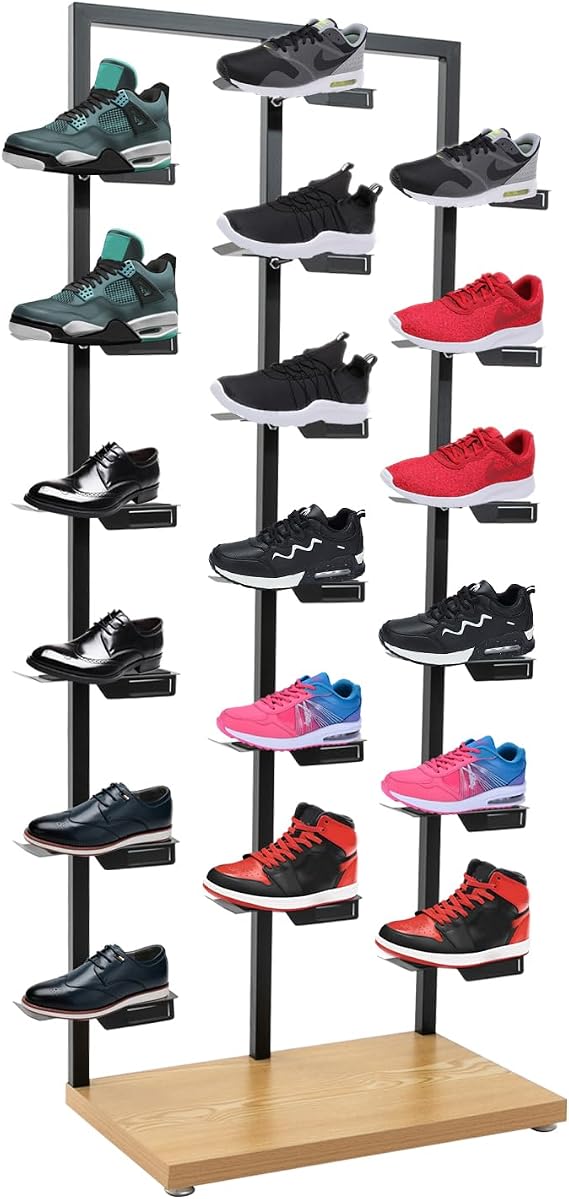 Commercial Clothing Store Shoe Rack Display Rack, Retail Boutique Shoe Display Shelf, Large Free Standing Boutique Shoe Organizer, Creative Modern Sneaker Basketball Shoes Stand (Black+Wood)