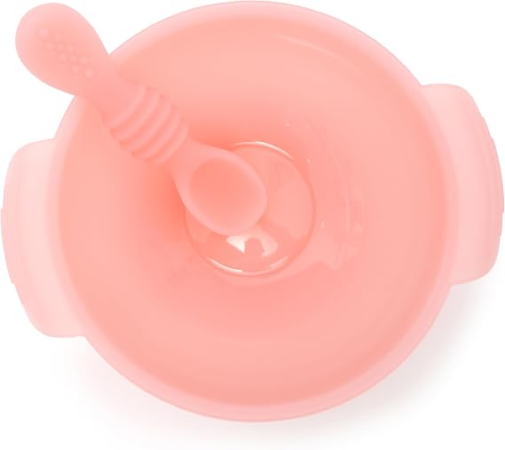 PrimaStella Silicone Baby Suction Bowl and Spoon Set - Toddler Grip Dish - BPA Free - Microwave and Dishwasher Safe (Rose Quartz Clear Frosted)