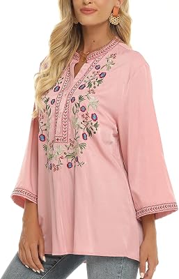 AK Embroidered Tops for Women 34 Sleeve Bohemian Mexican Floral Peasant Shirts Loose Tunic Blouses