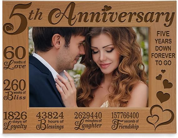 5th Anniversary Engraved Natural Wood Picture Frame and Gifts, 5th Wood Wedding Anniversary (5x7-Horizontal)
