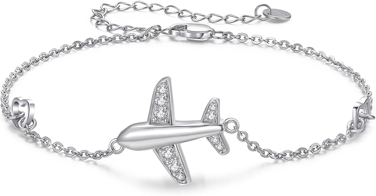 CUOKA 925SterlingSilver Airplane Bracelet Earrings FlyPlane Adjustable Charm Link Bracelets StatementChain Airline Jewelry Gifts Souvenir for Women Stewardess Flight Attendants Pilots WorldTravel Gift