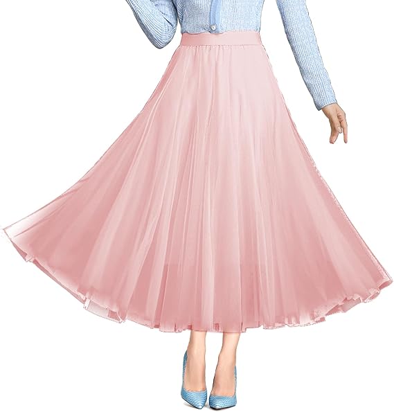 Women's Tulle Skirts A-Line Layered Mesh Midi Skirt High-Waisted Flowy Layered Tutu Skirts Bridesmaid Wedding Skirt