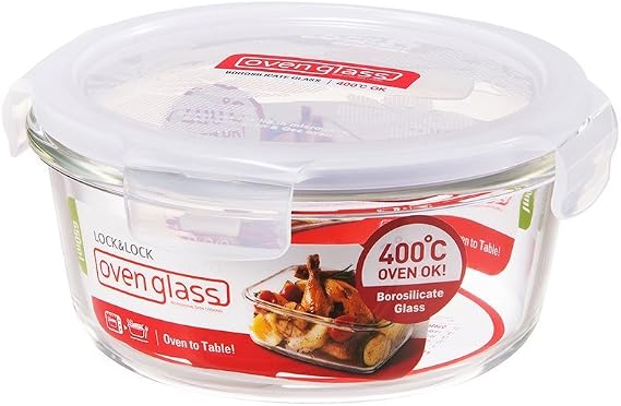 LocknLock Eco Ovenglass Round 650ml Glass Food Storage Container with Lid | Lid colours may vary, as no two pieces are the same