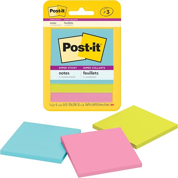 Post-it Super Sticky Notes, 3 Sticky Note Pads, 3 x 3 in., School Supplies, Office Products, Sticky Notes for Vertical Surfaces, Monitors, Walls and Windows, Supernova Neons Collection