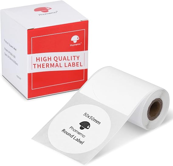 Phomemo 1pk 50mm Round White Logo Stickers for M110 M221 M108 | Smooth thermal sheets, 140 labels per unit, easy peel fade-proof for retail custom logos
