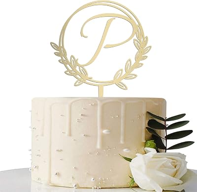 Vinisong Personalized Initial Letter P Golden Cake Topper Wooden Cake Decoration Wreath Cake Topper Perfect for Birthday Rustic Wedding Anniversary Keepsake Party Decoration
