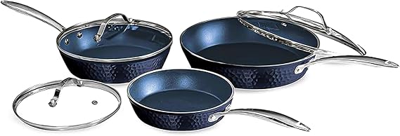 Luxurious Non-Stick Ceramic 3 Piece Blue Hammered Cookware Set with Lid, Lightweight, Scratch-Resistant, Dishwasher Safe, Oven Safe up to 500F