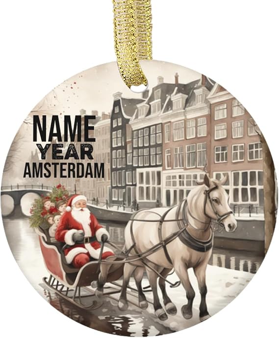 Custom Christmas Ornament Amsterdam Canal Houses Unique Vintage Style Santa Claus with Reindeer Sleigh Travel Souvenir Gift Keepsake Personalized Xmas Ornaments