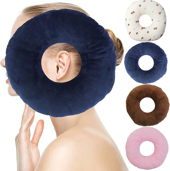 Ear Piercing Pillow for Side Sleepers,Small Pillow with Ear Hole Donut Pillow for Ear Relief Ear Pressure Ear Pain,Headphones (Blue)