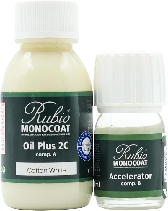Rubio Monocoat Wood Oil Finish 5 m² - Cotton White | Oil Plus 2C | Quick-Dry, Eco-Friendly Linseed Wood Oil for Indoor Use, Includes Accelerator (Part B) | Protector | 130 ML