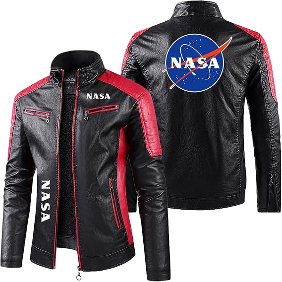 Men Comfort Motorcycle Jacket for N.A.S.A Graphic Outerwear Biker Leather Clothing Stand Collar Coats Zipper Racing Suit No Hood Cycling
