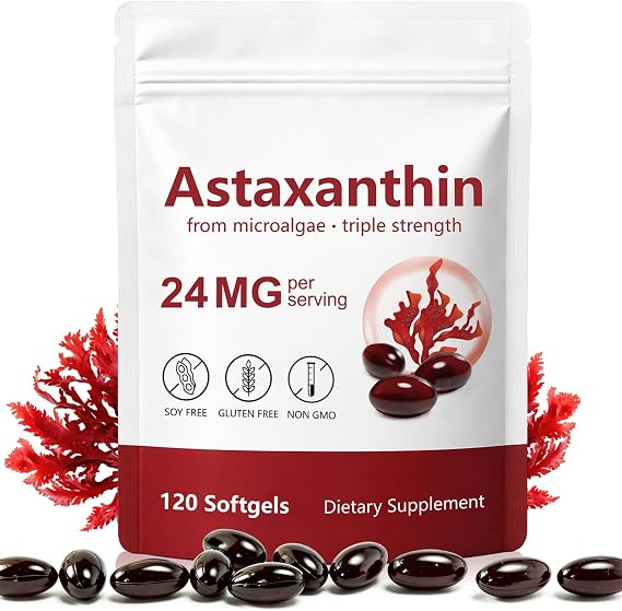 Astaxanthin 24mg, 3X Max Strength Antioxidant, High Absorption for Eye & Skin, Brain, Heart, Immune System Support, Gluten Free, 120 Softgels
