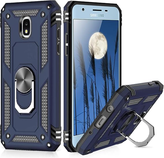 TJS Compatible for Samsung Galaxy J7 Phone Case (Blue) | Metal Ring Magnetic Support Kickstand Heavy Duty Drop Protector Phone Case Cover
