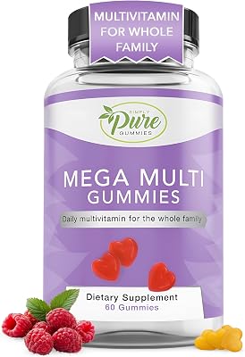 Pure By Nature Mega Multi Gummies - Daily Multivitamin for Men, Women & Kids, Essential Vitamins A, C, D2, E, K, Biotin & Folic Acid, Natural Flavor, 60 Count Multivitamin Gummies Supplement
