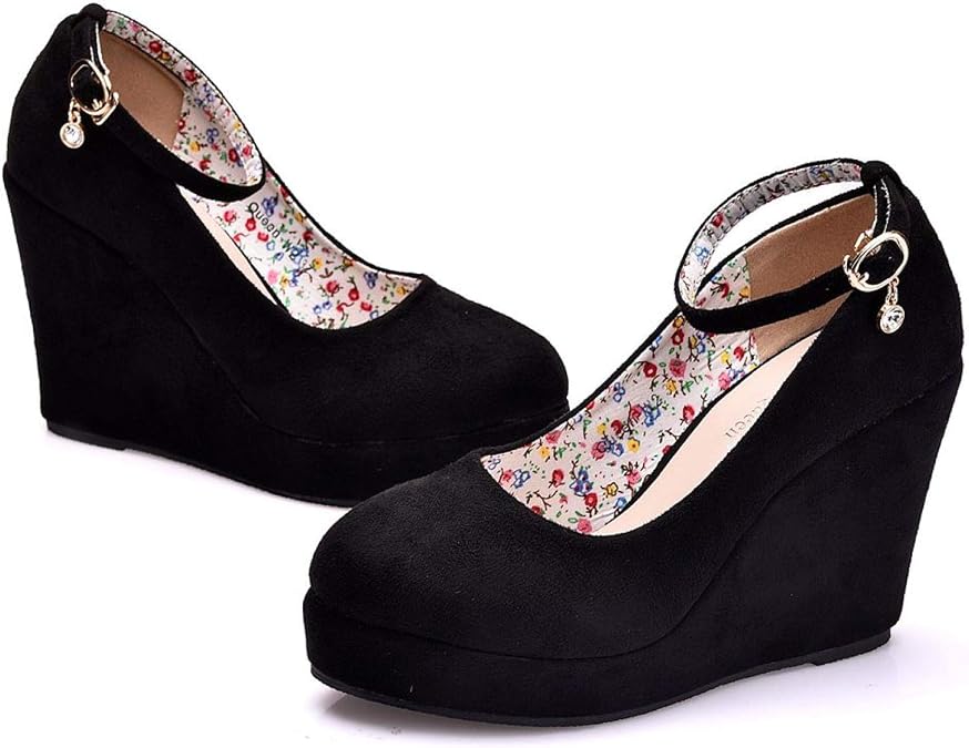 Women Platform Wedge High Heels Mary Janes Shoes Ladies Ankle Strap Flock Spring Wedding Party Pumps