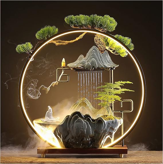 Elder Tabletop Indoor Water Fountains Waterfall with LED Light | Zen Decor for Meditation with Mist Japanese Decor with Fake Plants Feng Shui Decoration for Good Luck Wealth