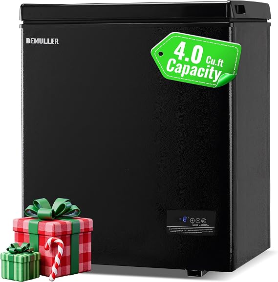 DEMULLER Chest Freezer with Electronic Panel, Accurate Temperature Display to 1 F 4.0 Cu.ft Deep Freezing Machine with 2 Removable Baskets Suitable for Home Kitchen Apartment Black
