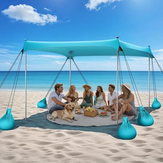 Raynesys Beach Tent Sun Shelter, 10 x 10 FT Beach Canopy Tent Sun Shade, UPF50+ Tents Canopy with 8 Sandbags & 4 Stability Poles, Outdoor Tents for Camping Fishing, Light Blue