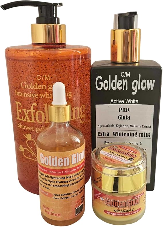 Golden Glow Active White Plus Gluta Body Lotion 500ml spf55 + Carrot, Tumeric Body Wash 1000ml + Serum 100ml + Face Cream 60ml with spf55 4 in 1 Set