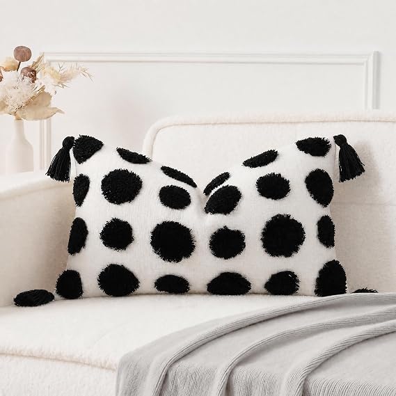 PANOD Super Soft Farmhouse Decorative Plush Throw Pillow Covers 12 x 20 Black,Solid Pom pom Tufted with Tassels Modern Accent Boho Lumbar Cushion Cover Pillow Case for Couch Sofa