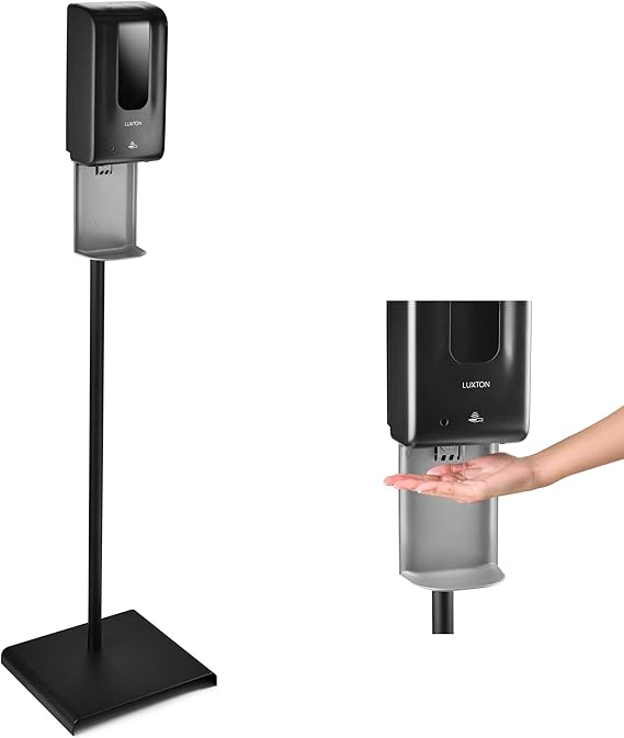 Luxton Automatic Hand Sanitizer Dispenser - Sanitizing Station, Steel Floor Stand, Drip Catcher Dish - Touchless Auto Sensor, Refillable 1200ml Bottle - Portable, Easy Set Up, Battery-Operated Machine