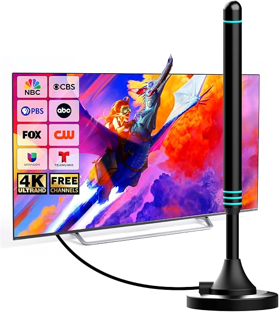 TV Antenna Indoor with Magnetic Base, Digital TV Antenna for Smart TV Indoor, Compatible with All TVs, TV Antenna for Local Channels, Supports 4K 1080P HD, 5m Cable